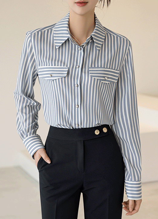 [Louis Angel] 条纹假口袋珍珠纽扣衬衫