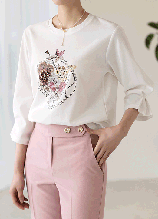 [Louis Angel] 锆石花纹珍珠捏褶7分袖T恤