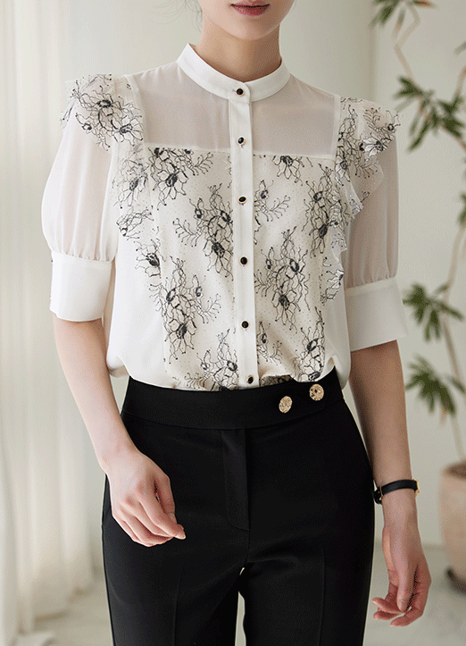 [Louis Angel] 珍珠花朵蕾丝褶边5分袖衬衫