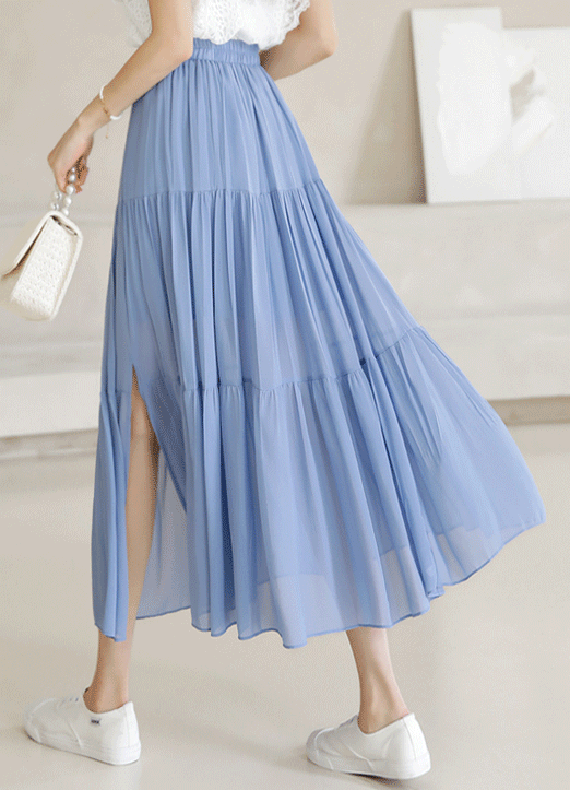 夏季时尚开叉层叠式褶皱长裙
