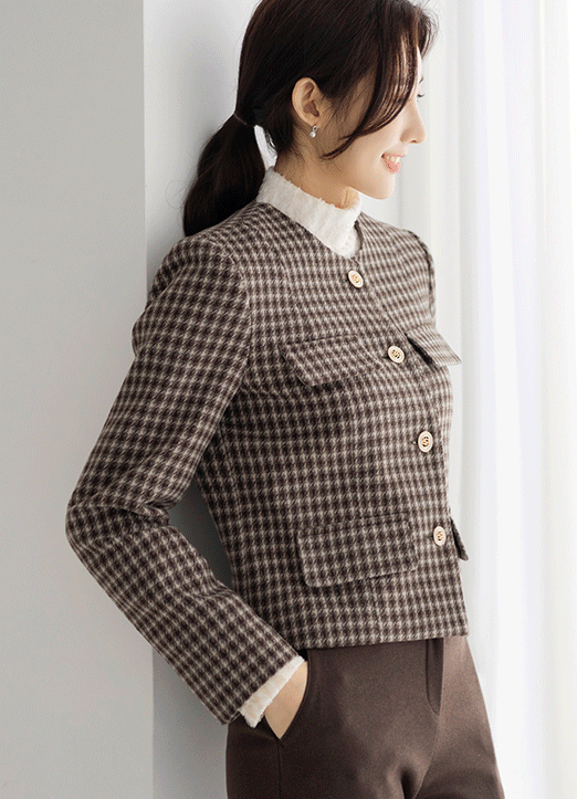 [LouisAngel] 羊毛混纺格纹短款夹克